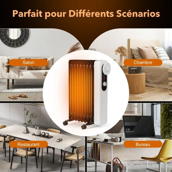 Radiateur Bain d'Huile Portable 2000W 3 Puissance 9 Éléments Thermostat Réglable Double Protection Économie d’Energie 25㎡ Noir