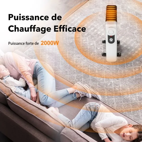 Radiateur Bain d'Huile Portable 2000W 3 Puissance 9 Éléments Thermostat Réglable Double Protection Économie d’Energie 25㎡ Noir
