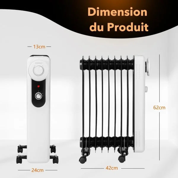Radiateur Bain d'Huile Portable 2000W 3 Puissance 9 Éléments Thermostat Réglable Double Protection Économie d’Energie 25㎡ Noir