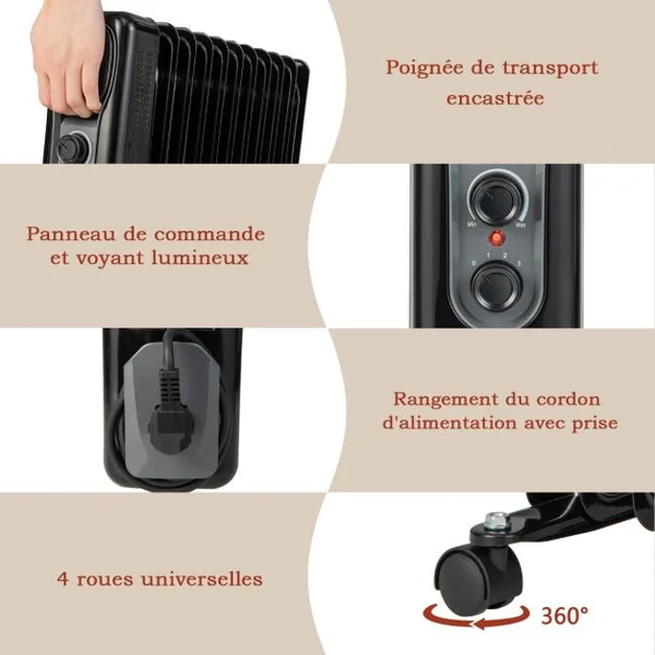 Radiateur Bain d'Huile Portable 2500W 3 Puissance 11 Éléments Thermostat Réglable Double Protection Économie d’Energie 25㎡