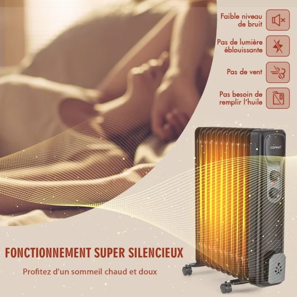 Radiateur Bain d'Huile Portable 2500W 3 Puissance 11 Éléments Thermostat Réglable Double Protection Économie d’Energie 25㎡