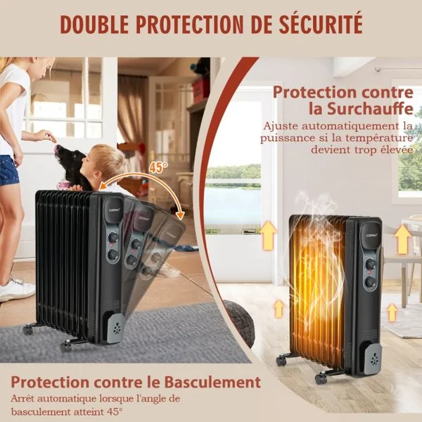 Radiateur Bain d'Huile Portable 2500W 3 Puissance 11 Éléments Thermostat Réglable Double Protection Économie d’Energie 25㎡