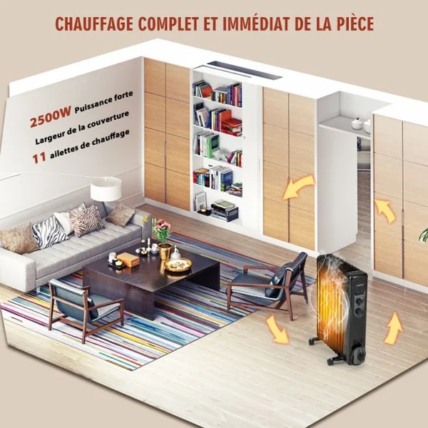 Radiateur Bain d'Huile Portable 2500W 3 Puissance 11 Éléments Thermostat Réglable Double Protection Économie d’Energie 25㎡
