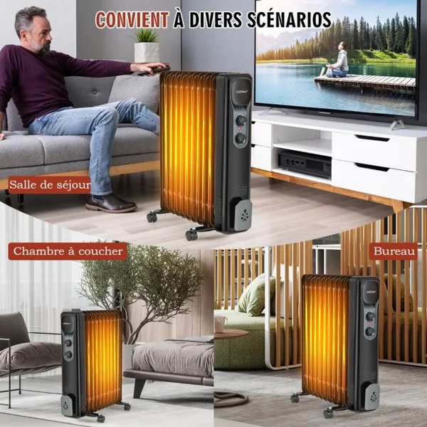 Radiateur Bain d'Huile Portable 2500W 3 Puissance 11 Éléments Thermostat Réglable Double Protection Économie d’Energie 25㎡