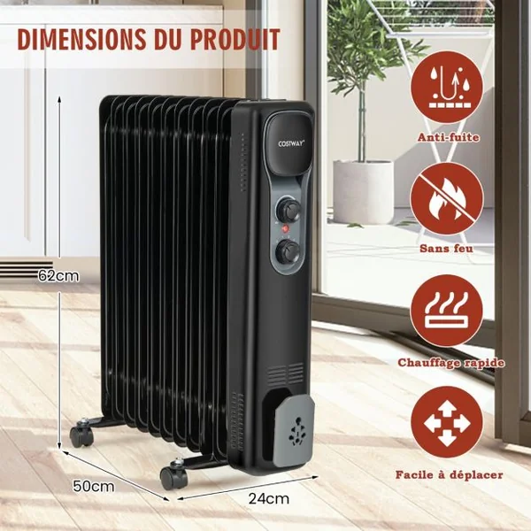 Radiateur Bain d'Huile Portable 2500W 3 Puissance 11 Éléments Thermostat Réglable Double Protection Économie d’Energie 25㎡