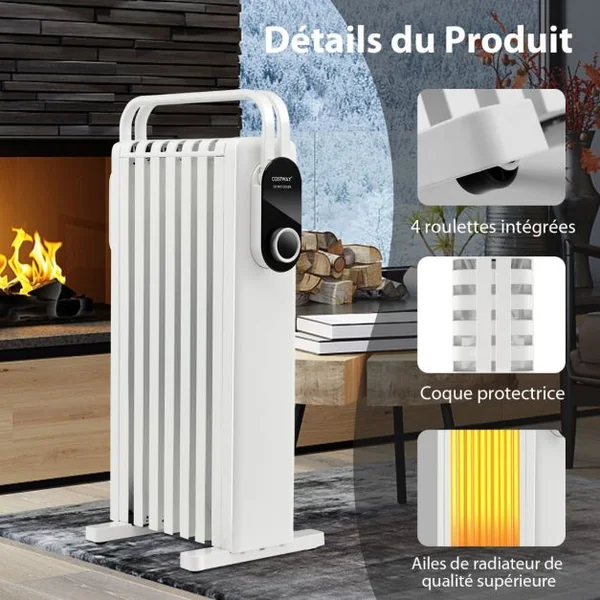 Radiateur à Huile Mobile 1500W 3 Chaleurs Réglable Racks de Serviettes Double Protection contre Surchauffe 7 Eléments Blanc