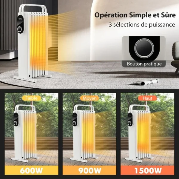 Radiateur à Huile Mobile 1500W 3 Chaleurs Réglable Racks de Serviettes Double Protection contre Surchauffe 7 Eléments Blanc