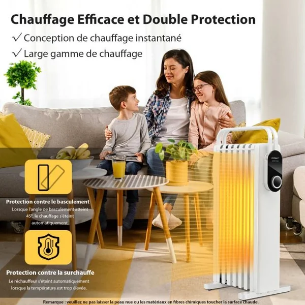 Radiateur à Huile Mobile 1500W 3 Chaleurs Réglable Racks de Serviettes Double Protection contre Surchauffe 7 Eléments Blanc