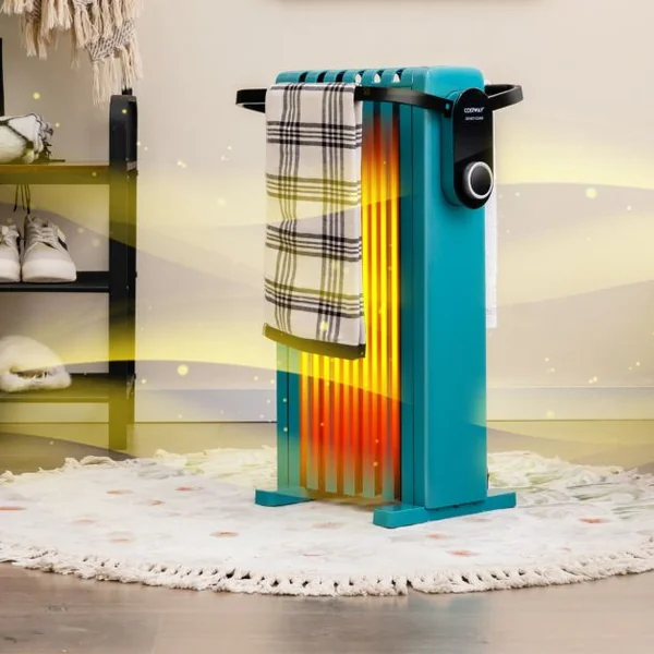 Radiateur à Huile Mobile 1500W 3 Chaleurs Réglable Racks de Serviettes Double Protection contre Surchauffe 7 Eléments Vert