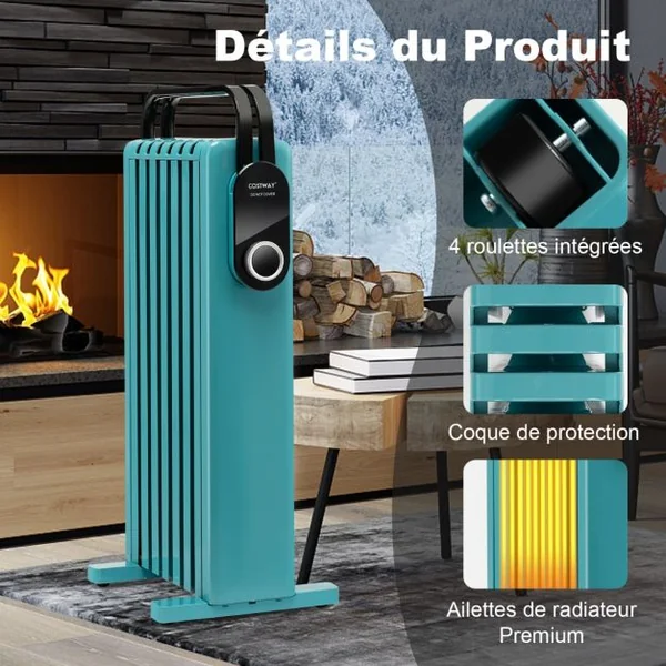 Radiateur à Huile Mobile 1500W 3 Chaleurs Réglable Racks de Serviettes Double Protection contre Surchauffe 7 Eléments Vert