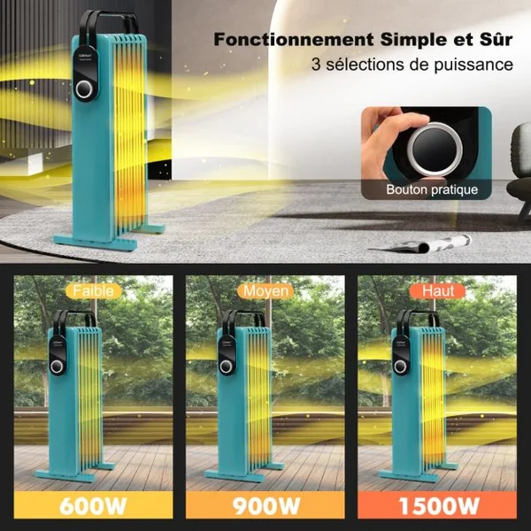 Radiateur à Huile Mobile 1500W 3 Chaleurs Réglable Racks de Serviettes Double Protection contre Surchauffe 7 Eléments Vert