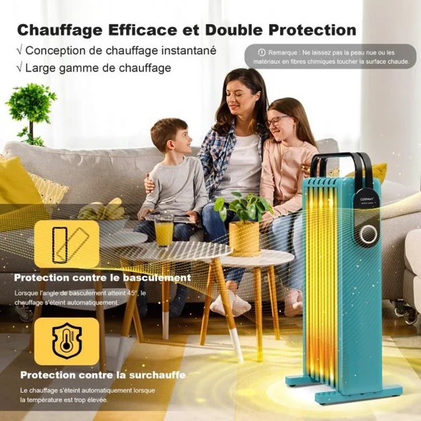 Radiateur à Huile Mobile 1500W 3 Chaleurs Réglable Racks de Serviettes Double Protection contre Surchauffe 7 Eléments Vert