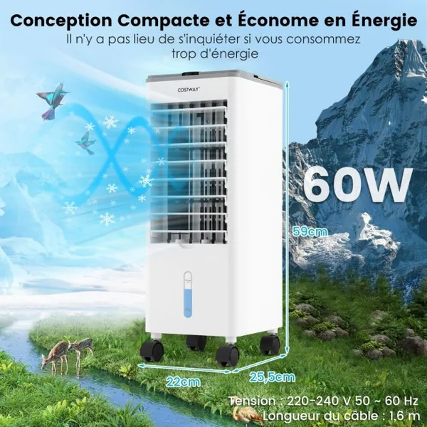 Rafraichisseur d'Air Mobile 3 Modes 3 Vitesses de Vent Refroidisseur d'Air 3 en 1 avec Oscillation 60° Minuterie 12 h Télécommande Blanc/Gris