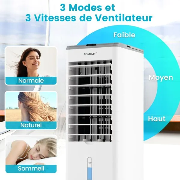 Rafraichisseur d'Air Mobile 3 Modes 3 Vitesses de Vent Refroidisseur d'Air 3 en 1 avec Oscillation 60° Minuterie 12 h Télécommande Blanc/Gris