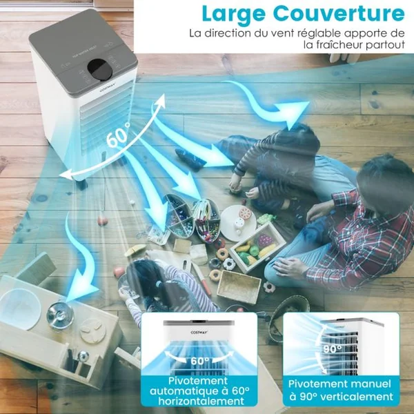 Rafraichisseur d'Air Mobile 3 Modes 3 Vitesses de Vent Refroidisseur d'Air 3 en 1 avec Oscillation 60° Minuterie 12 h Télécommande Blanc/Gris