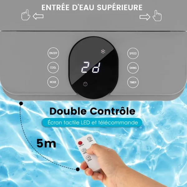 Rafraichisseur d'Air Mobile 3 Modes 3 Vitesses de Vent Refroidisseur d'Air 3 en 1 avec Oscillation 60° Minuterie 12 h Télécommande Blanc/Gris