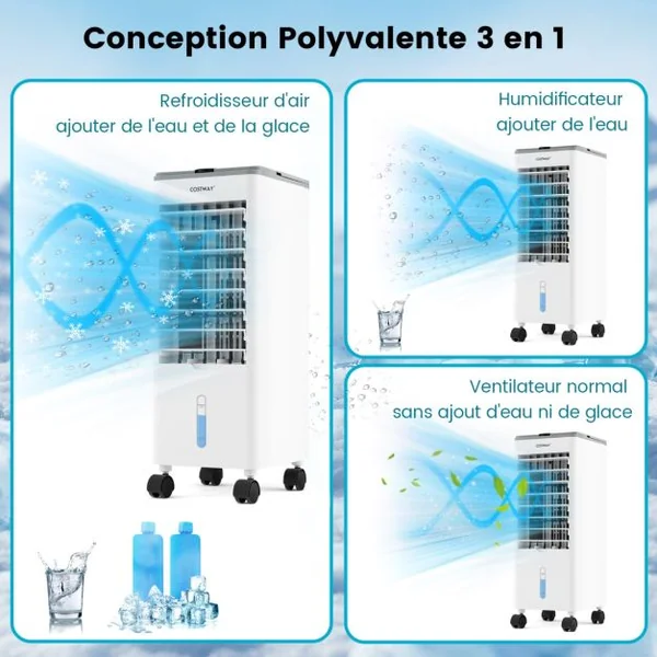 Rafraichisseur d'Air Mobile 3 Modes 3 Vitesses de Vent Refroidisseur d'Air 3 en 1 avec Oscillation 60° Minuterie 12 h Télécommande Blanc/Gris