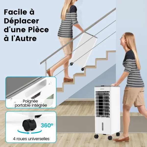 Rafraichisseur d'Air Mobile 3 Modes 3 Vitesses de Vent Refroidisseur d'Air 3 en 1 avec Oscillation 60° Minuterie 12 h Télécommande Blanc/Gris