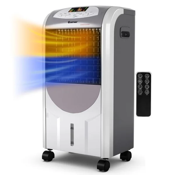 Rafraîchisseur d'Air avec Chauffage avec Télécommande 3 Vitesses Variables Minuterie 8H-Réservoir d'Eau 7L et 2 Conteneurs de Glace Gris
