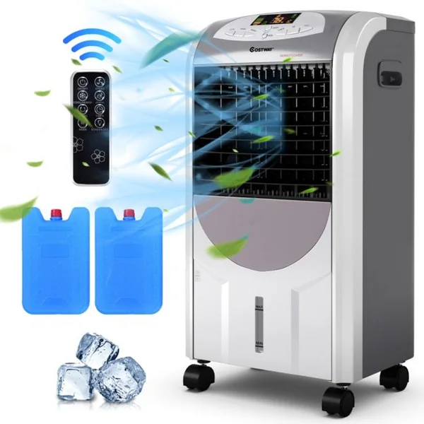 Rafraîchisseur d'Air avec Chauffage avec Télécommande 3 Vitesses Variables Minuterie 8H-Réservoir d'Eau 7L et 2 Conteneurs de Glace Gris