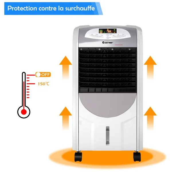 Rafraîchisseur d'Air avec Chauffage avec Télécommande 3 Vitesses Variables Minuterie 8H-Réservoir d'Eau 7L et 2 Conteneurs de Glace Gris
