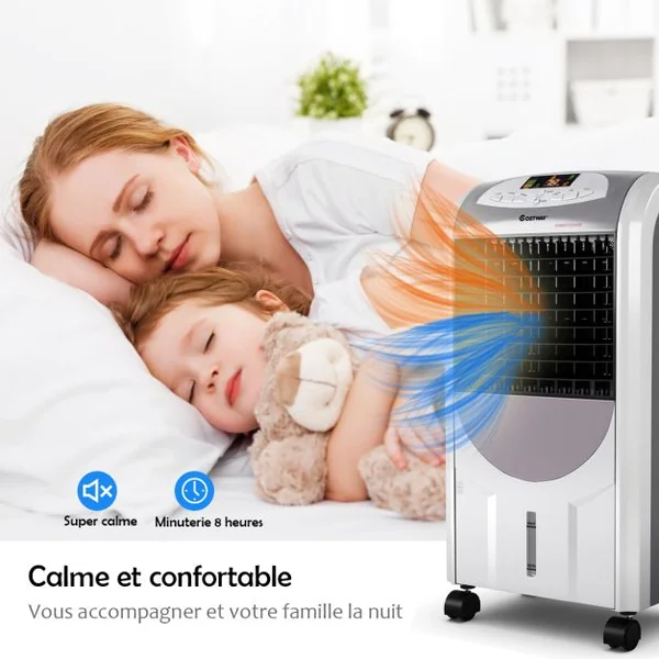 Rafraîchisseur d'Air avec Chauffage avec Télécommande 3 Vitesses Variables Minuterie 8H-Réservoir d'Eau 7L et 2 Conteneurs de Glace Gris