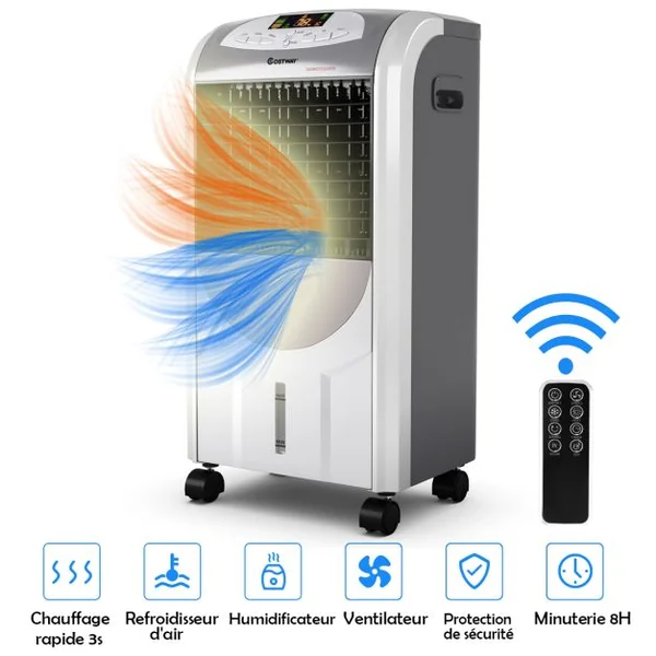 Rafraîchisseur d'Air avec Chauffage avec Télécommande 3 Vitesses Variables Minuterie 8H-Réservoir d'Eau 7L et 2 Conteneurs de Glace Gris