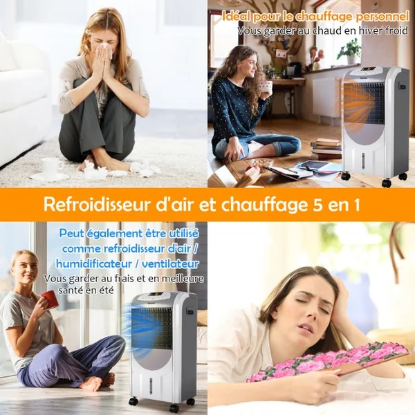 Rafraîchisseur d'Air avec Chauffage avec Télécommande 3 Vitesses Variables Minuterie 8H-Réservoir d'Eau 7L et 2 Conteneurs de Glace Gris