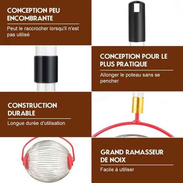 Ramasseur de Noix avec Tige Télescopique 70-128CM en Aluminium et Panier de Collecteur en Acier pour Les Noix Pacanes Pruneaux Golf