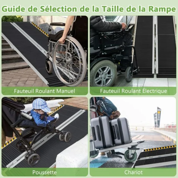 Rampe D’accès en Aluminium avec Plaque de Transition et Surface Antidérapante Autocollants D'avertissement Réfléchissants Rampe de Seuil pour Maison 152,5L