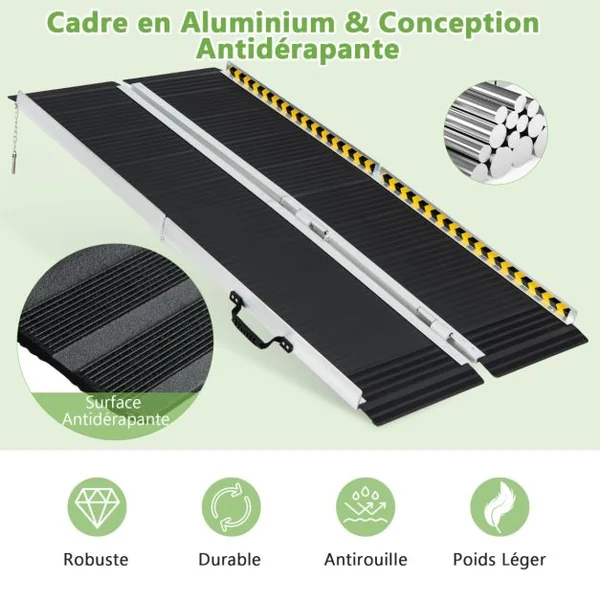 Rampe D’accès en Aluminium avec Plaque de Transition et Surface Antidérapante Autocollants D'avertissement Réfléchissants Rampe de Seuil pour Maison 152,5L