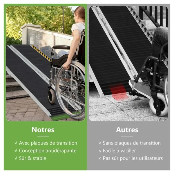 Rampe D’accès en Aluminium avec Plaque de Transition et Surface Antidérapante Autocollants D'avertissement Réfléchissants Rampe de Seuil pour Maison 152,5L