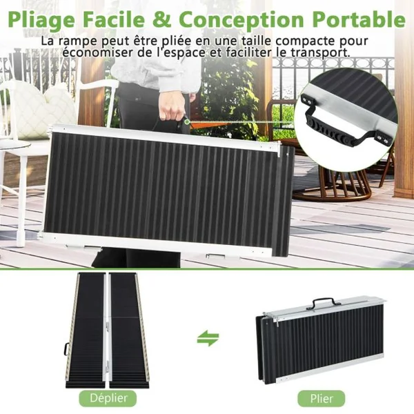 Rampe D’accès en Aluminium avec Plaque de Transition et Surface Antidérapante Autocollants D'avertissement Réfléchissants Rampe de Seuil pour Maison 152,5L