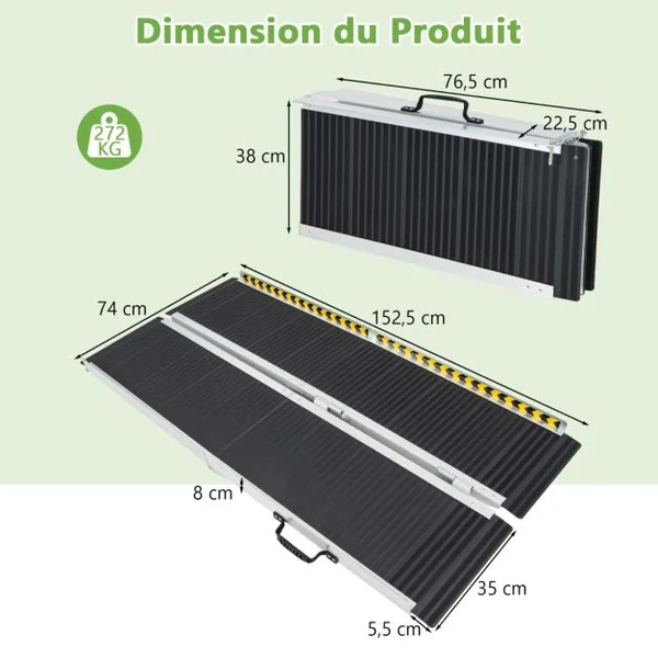 Rampe D’accès en Aluminium avec Plaque de Transition et Surface Antidérapante Autocollants D'avertissement Réfléchissants Rampe de Seuil pour Maison 152,5L