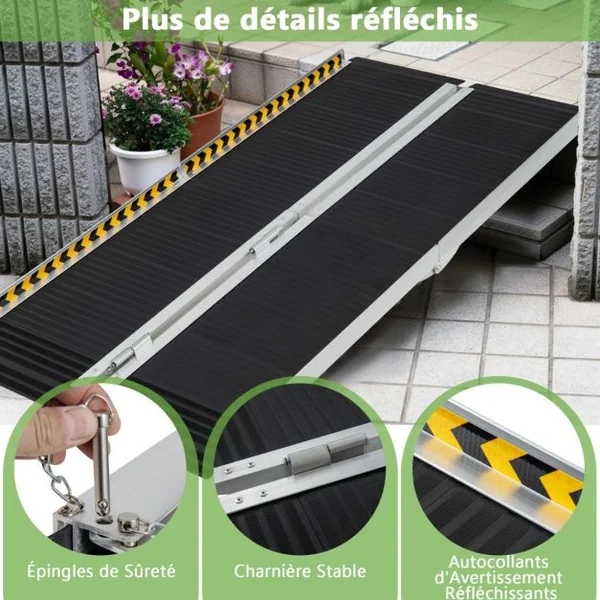 Rampe D’accès en Aluminium avec Plaque de Transition et Surface Antidérapante Autocollants D'avertissement Réfléchissants Rampe de Seuil pour Maison 182L