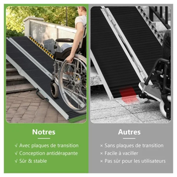 Rampe D’accès en Aluminium avec Plaque de Transition et Surface Antidérapante Autocollants D'avertissement Réfléchissants Rampe de Seuil pour Maison 182L