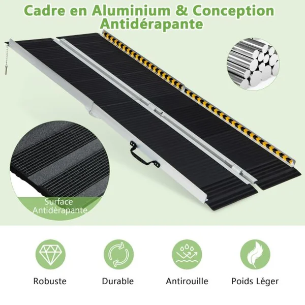 Rampe D’accès en Aluminium avec Plaque de Transition et Surface Antidérapante Autocollants D'avertissement Réfléchissants Rampe de Seuil pour Maison 182L