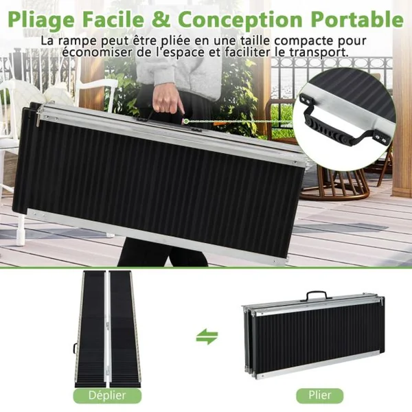 Rampe D’accès en Aluminium avec Plaque de Transition et Surface Antidérapante Autocollants D'avertissement Réfléchissants Rampe de Seuil pour Maison 182L