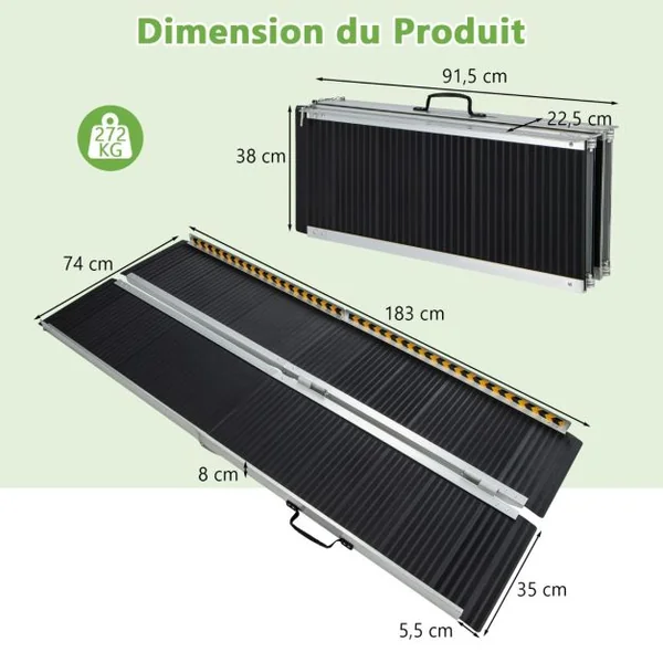 Rampe D’accès en Aluminium avec Plaque de Transition et Surface Antidérapante Autocollants D'avertissement Réfléchissants Rampe de Seuil pour Maison 182L