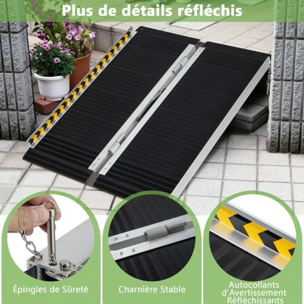 Rampe D’accès en Aluminium avec Plaque de Transition et Surface Antidérapante Autocollants D'avertissement Réfléchissants Rampe de Seuil pour Maison 91L