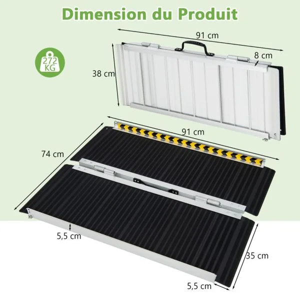 Rampe D’accès en Aluminium avec Plaque de Transition et Surface Antidérapante Autocollants D'avertissement Réfléchissants Rampe de Seuil pour Maison 91L
