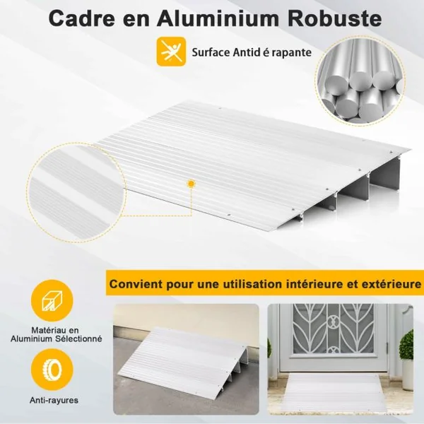 Rampe de Seuil de Porte 10,5cm avec Hauteur Réglable en Aluminium Antidérapante Charge 317KG pour Fauteuils Roulants Déambulateurs Scooters