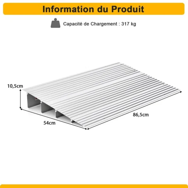 Rampe de Seuil de Porte 10,5cm avec Hauteur Réglable en Aluminium Antidérapante Charge 317KG pour Fauteuils Roulants Déambulateurs Scooters