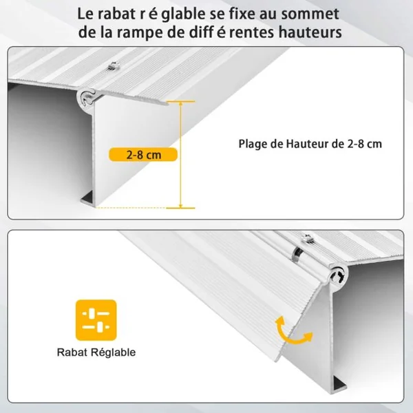 Rampe de Seuil de Porte de 8,5cm avec Hauteur Réglable en Aluminium Antidérapante Charge 317KG pour Fauteuils Roulants