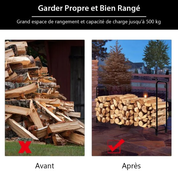 Range Bûche en Métal 245x36x122,5cm Porte-bûches Pieds Surélevés Charge Max 500KG Abri Bûche Rangement Bois pour Jardin Poêle Brasero Noir