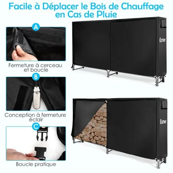 Range Bûche Extérieur avec Housse PVC 600D Imperméabl Abri Bûche Rangement Bois Porte-bûches Abris Bois Noir