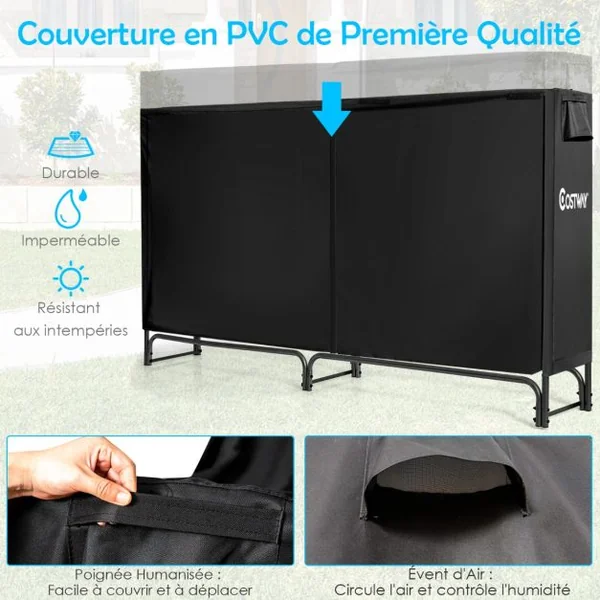 Range Bûche Extérieur avec Housse PVC 600D Imperméabl Abri Bûche Rangement Bois Porte-bûches Abris Bois Noir