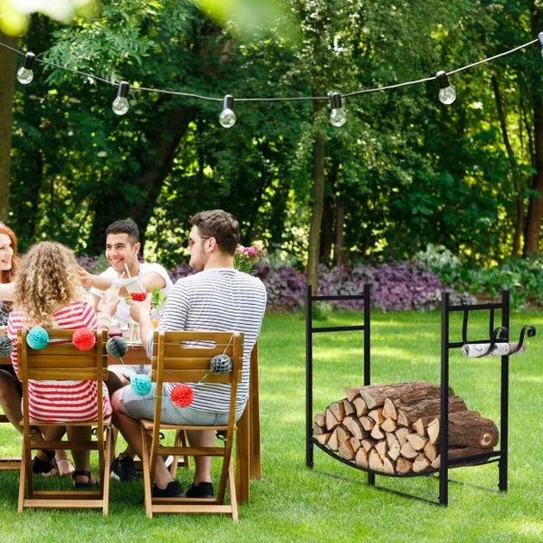 Range Bûche Intérieur avec 2 Crochets Amovible pour Bois de Chauffage 84 x 33 x 76 CM Charge 50 KG Cadre en Fer