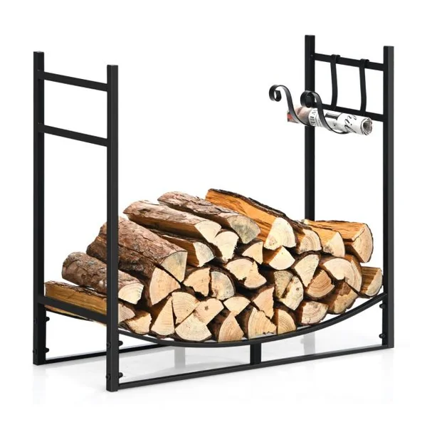Range Bûche Intérieur avec 2 Crochets Amovible pour Bois de Chauffage 84 x 33 x 76 CM Charge 50 KG Cadre en Fer