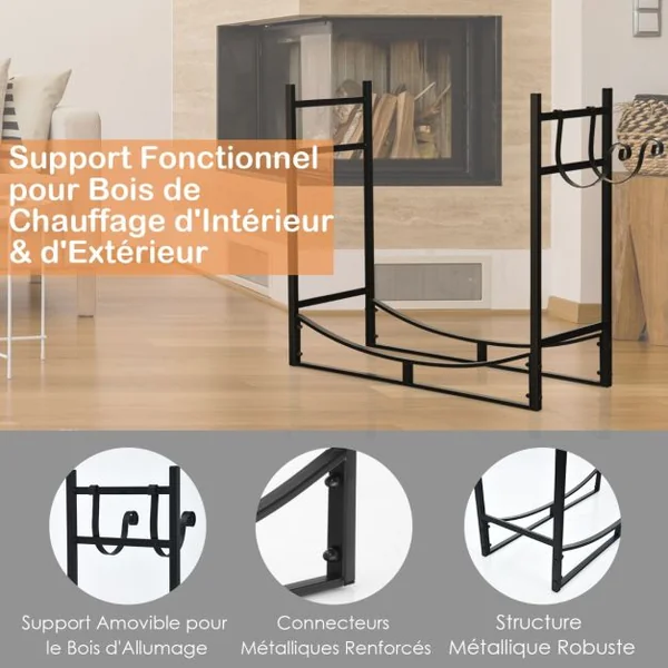 Range Bûche Intérieur avec 2 Crochets Amovible pour Bois de Chauffage 84 x 33 x 76 CM Charge 50 KG Cadre en Fer